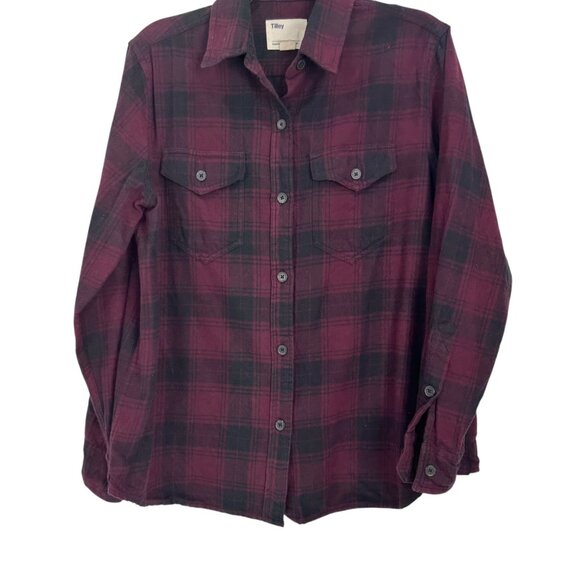 Tilley Womens Long-Sleeve Plaid Button-Up Shirt SZ L Cotton Blend BurgundY Black - Picture 8 of 11